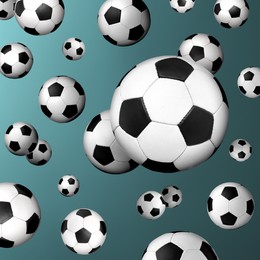 Image of Many soccer balls falling on teal gradient background