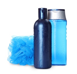 Photo of Shampoo, shower gel and bast wisp isolated on white. Men's cosmetics