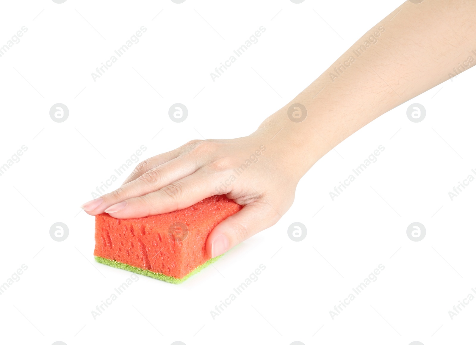 Photo of Woman with sponge on white background, closeup of hand