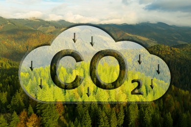 Reduce CO2 emissions. Aerial view of beautiful mountain landscape. Illustration of cloud with CO2 inscription and arrows