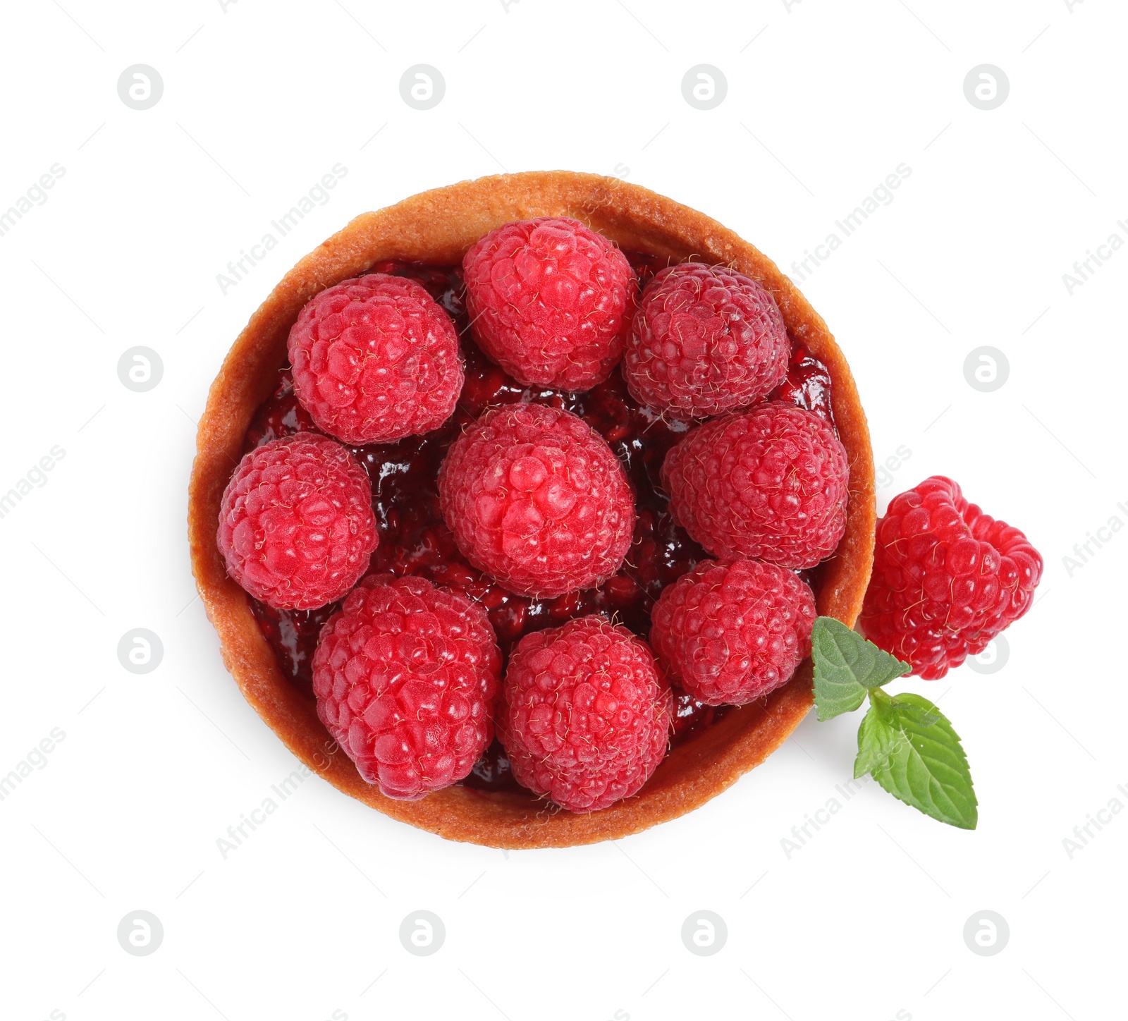 Photo of Tartlet with fresh raspberries and mint isolated on white, top view. Delicious dessert