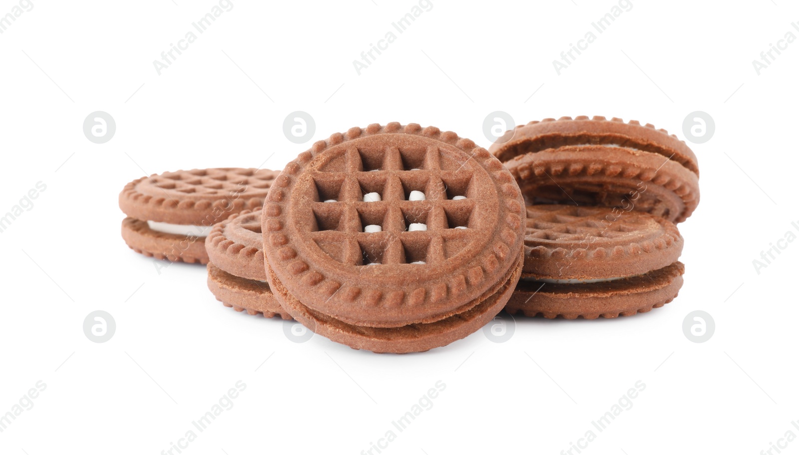 Photo of Tasty chocolate sandwich cookies with cream isolated on white