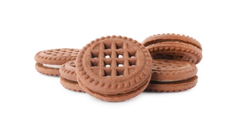 Photo of Tasty chocolate sandwich cookies with cream isolated on white