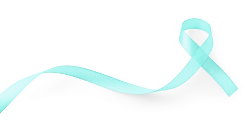 Turquoise awareness ribbon isolated on white, top view