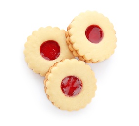 Photo of Traditional Christmas Linzer cookies with sweet jam on white background