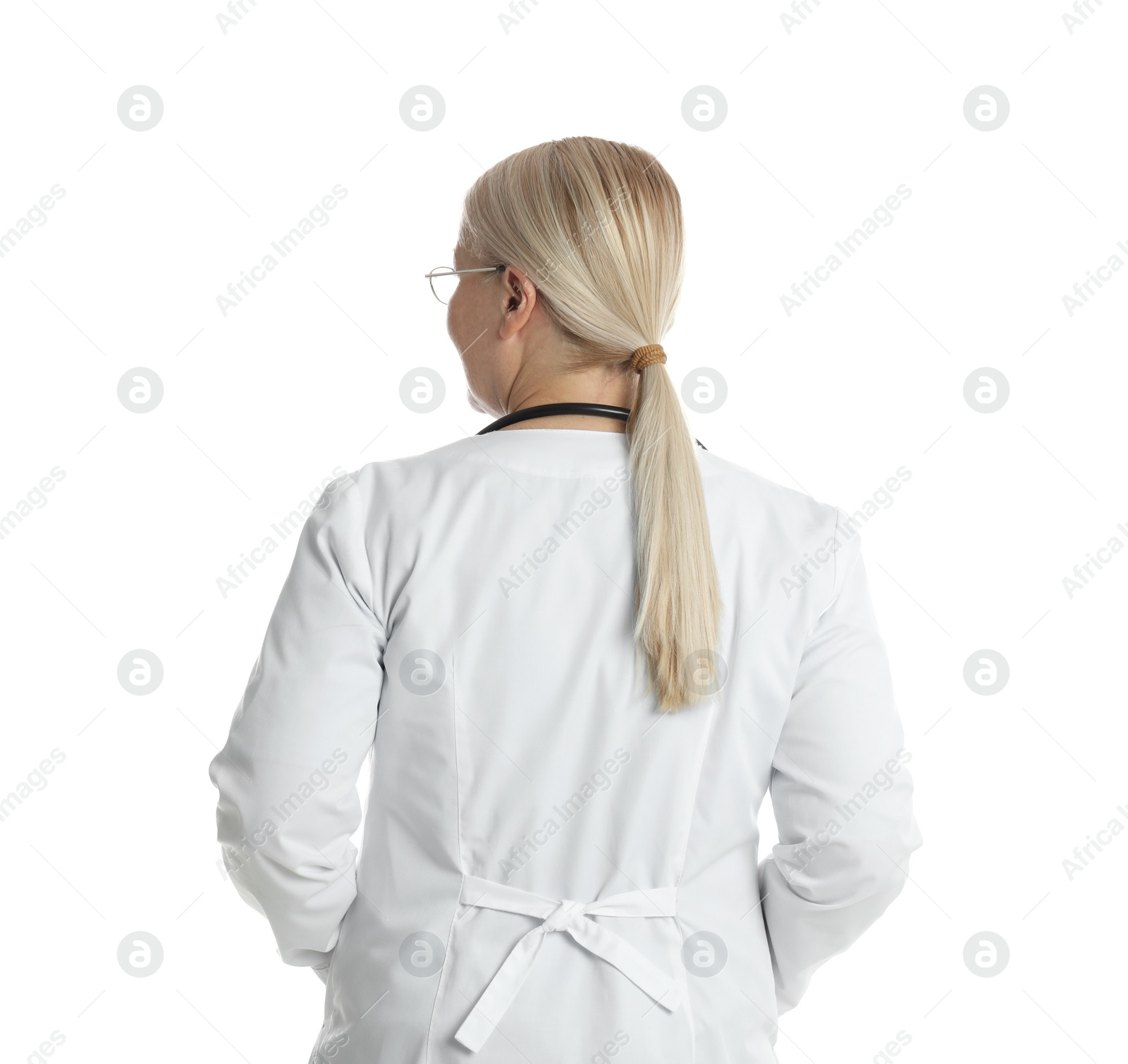 Photo of Doctor in clean uniform on white background