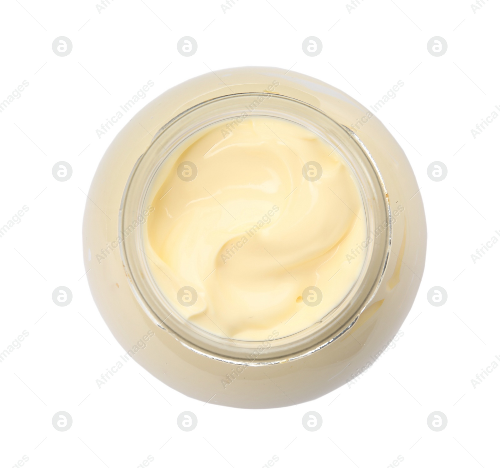 Photo of Jar of delicious mayonnaise isolated on white, top view