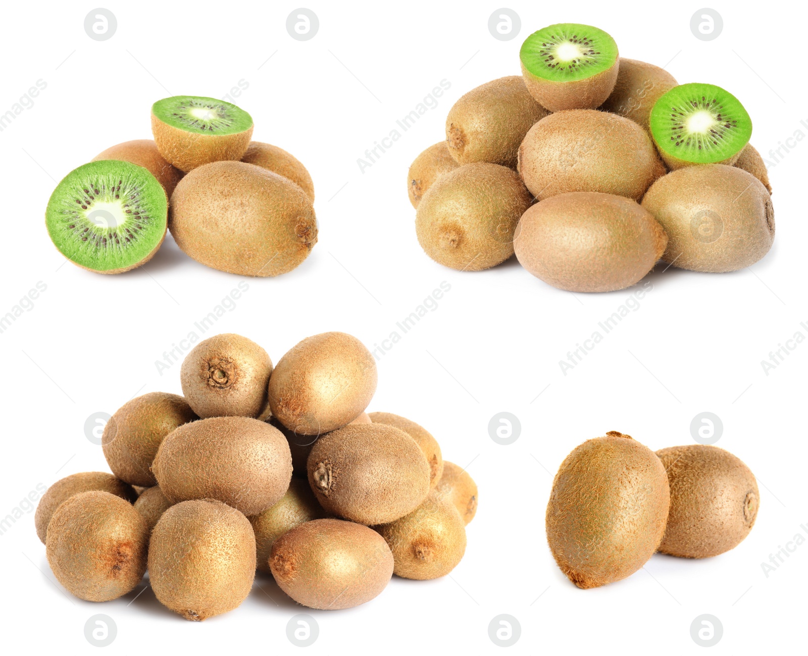 Image of Set with ripe kiwi fruits on white background