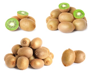 Set with ripe kiwi fruits on white background