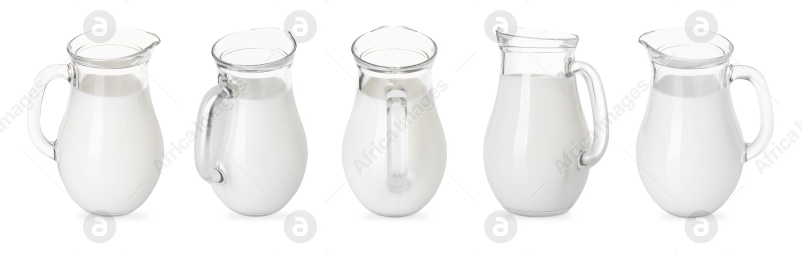 Image of Fresh milk in jug isolated on white, set