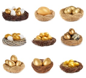 Set with shiny golden eggs on white background