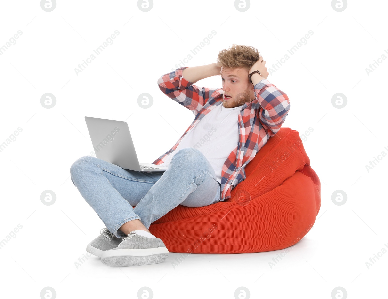 Photo of Emotional man with laptop on white background