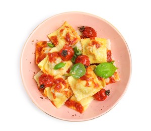 Photo of Tasty ravioli with tomato sauce isolated on white, top view