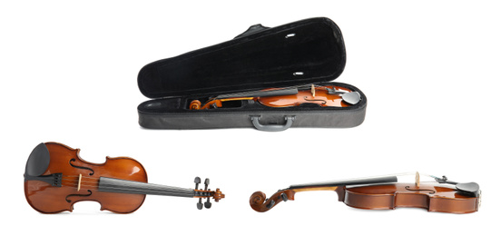Image of Set of classic violins on white background
