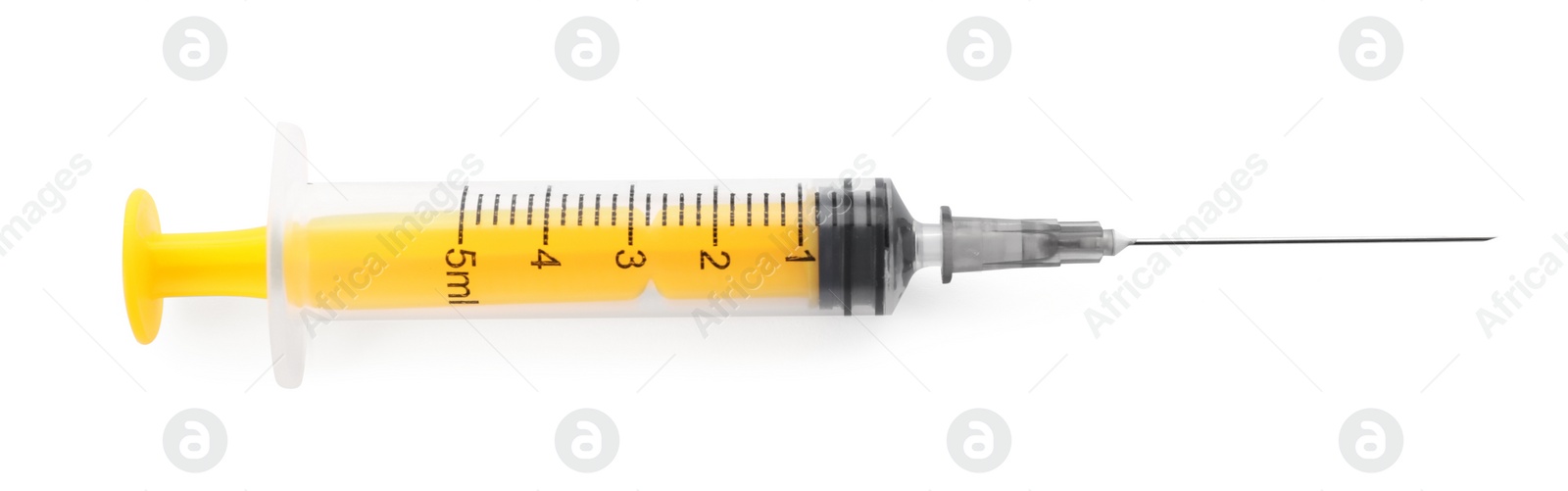 Photo of New medical syringe with needle isolated on white, top view