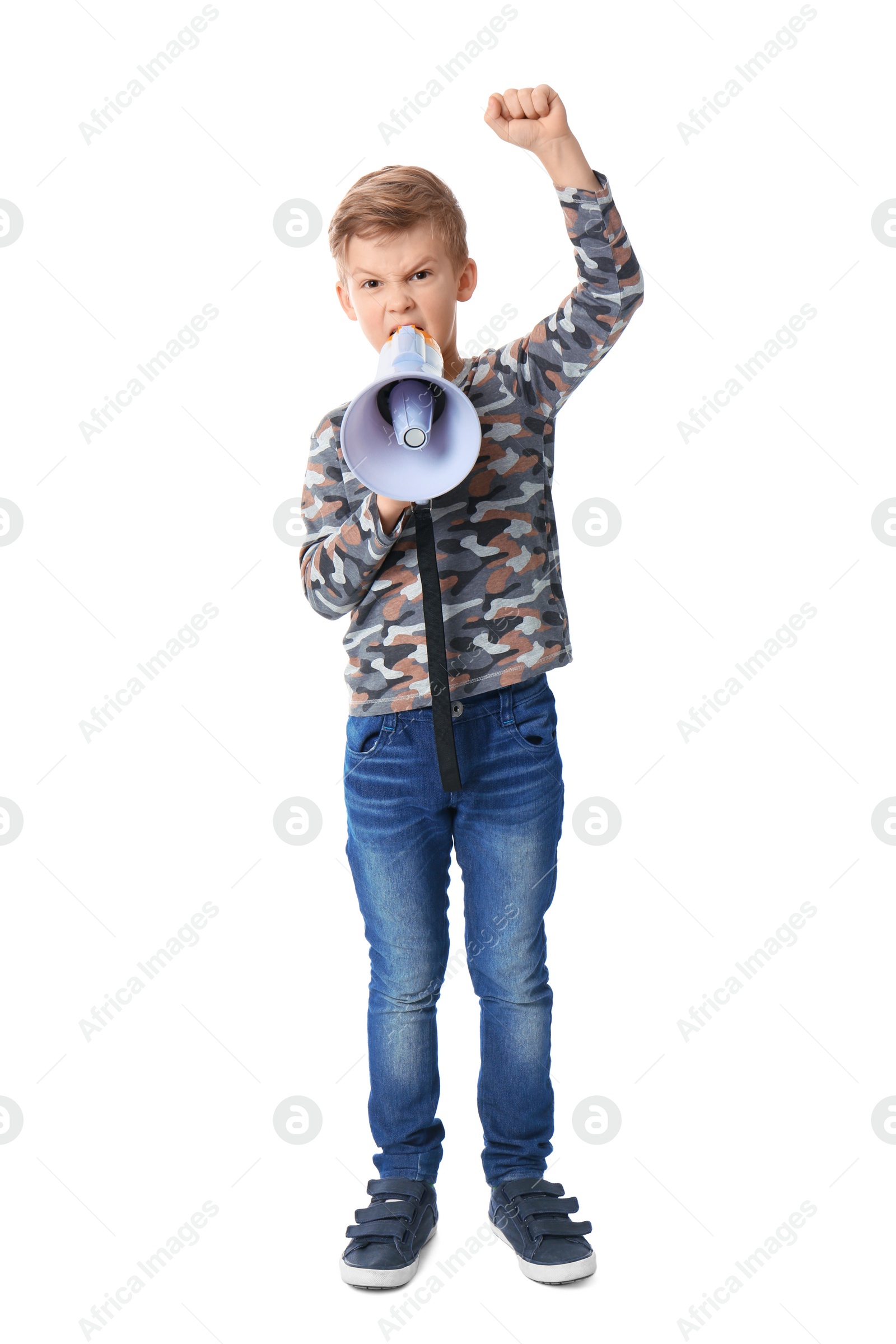 Photo of Cute little boy with megaphone on white background