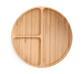 Photo of Wooden compartment tray on white background, top view