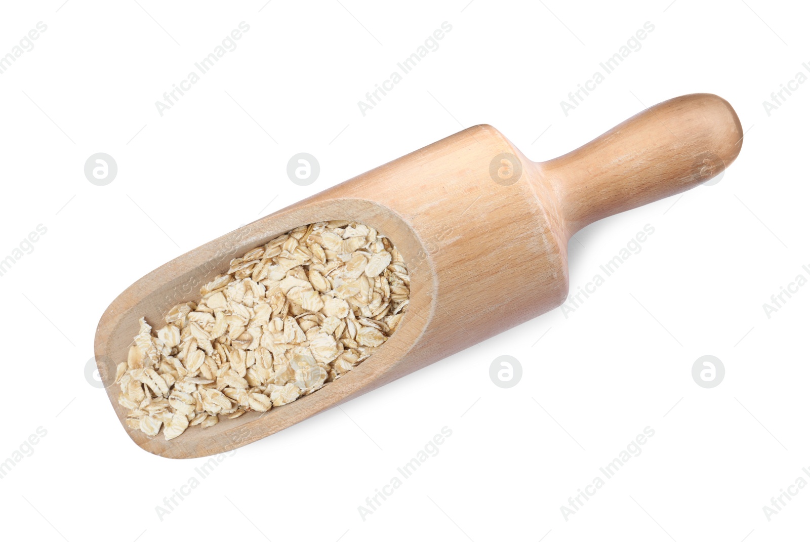 Photo of Raw oatmeal in wooden scoop on white background, top view