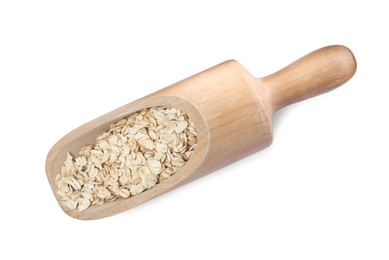 Photo of Raw oatmeal in wooden scoop on white background, top view