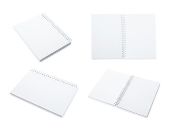 Image of Set with blank paper brochures on white background. Mockup for design