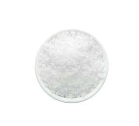 Natural salt in bowl on white background, top view