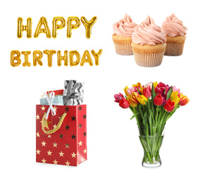 Image of Set of different birthday items on white background