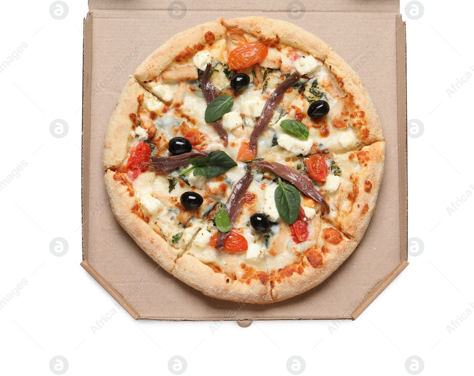 Photo of Tasty pizza with anchovies, arugula and olives in cardboard box isolated on white, top view