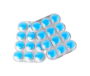 Photo of Blisters with light blue cough drops isolated on white, above view