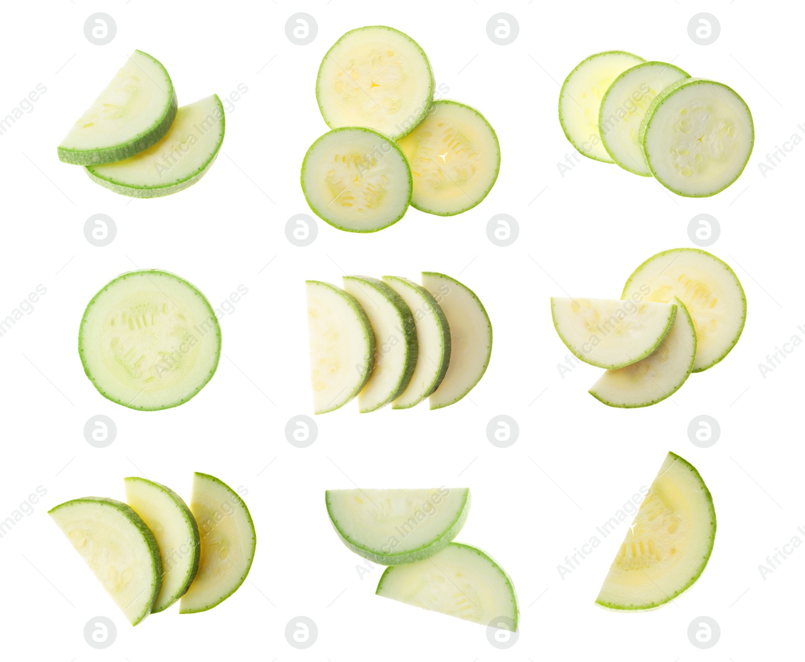 Image of Set of cut squashes on white background, top view