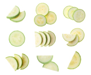 Image of Set of cut squashes on white background, top view