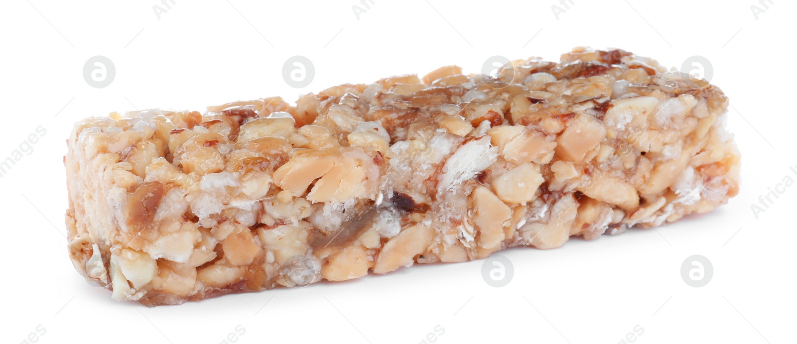 Photo of Sweet cereal bar isolated on white. Healthy snack