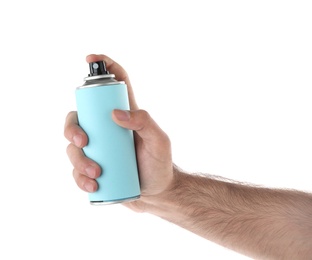 Photo of Man holding spray deodorant on white background, closeup