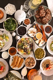 Many different dishes served on buffet table for brunch, flat lay