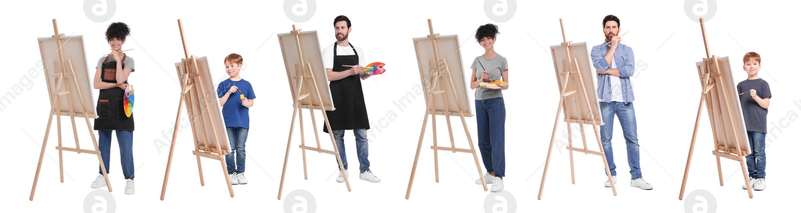 Image of Collage with photos of painters near easels on white background