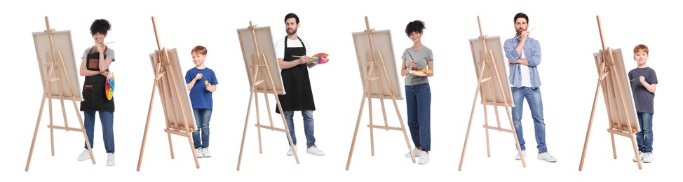 Image of Collage with photos of painters near easels on white background