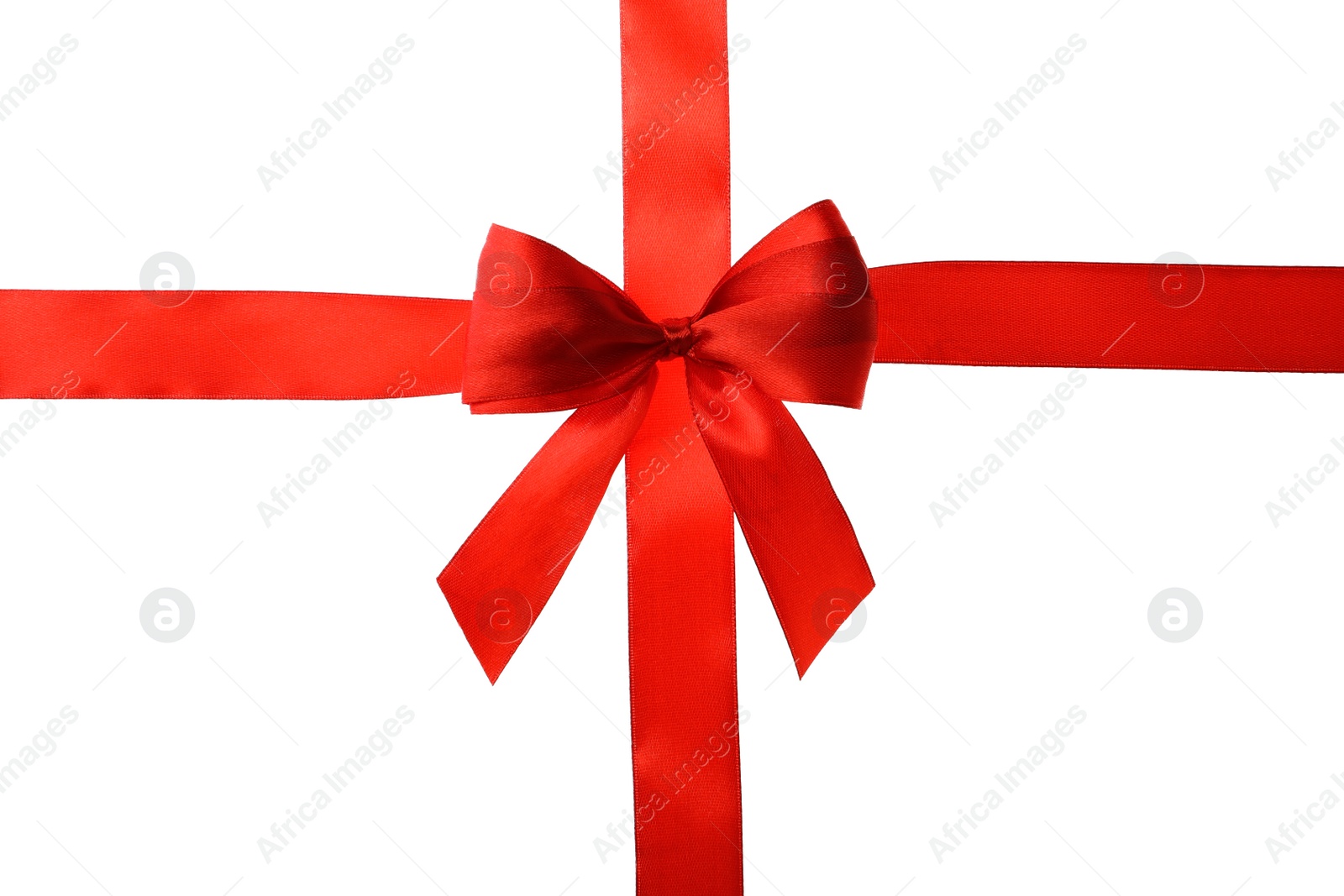 Photo of Red ribbon with bow on white background. Festive decoration