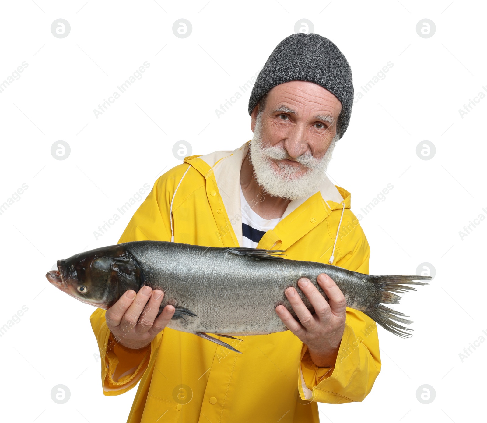 Photo of Fisherman with caught fish isolated on white