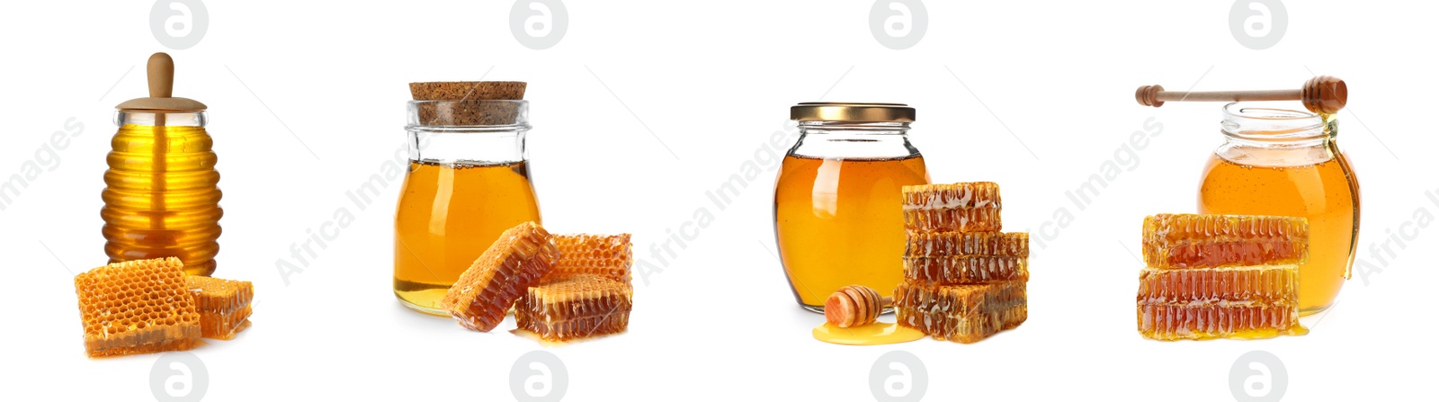 Image of Tasty natural honey on white background, collage. Banner design