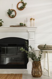 Photo of Stylish room with beautiful fireplace and eucalyptus branches
