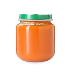 Photo of Baby food. Tasty healthy puree in jar isolated on white