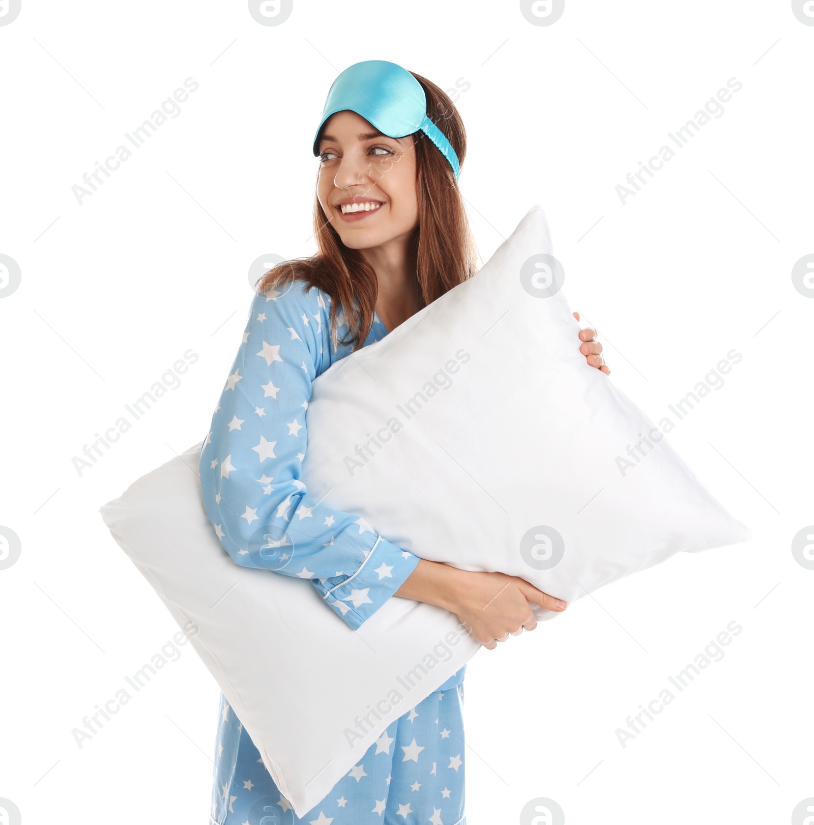 Photo of Beautiful woman with pillow and sleep mask on white background. Bedtime