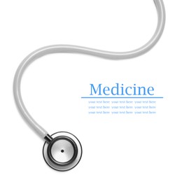 Stethoscope on white background, top view. Space for text