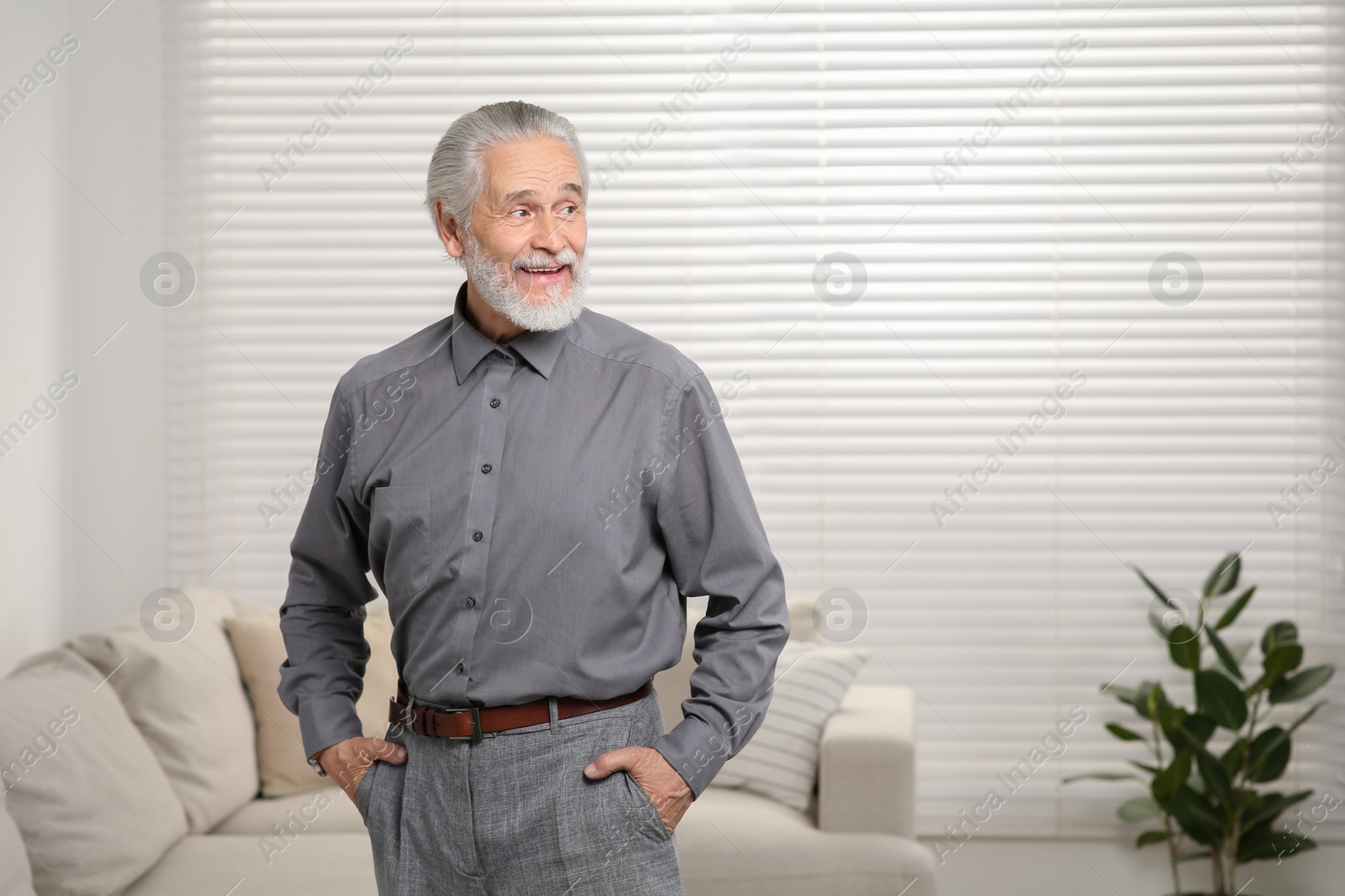 Photo of Portrait of handsome senior man at home. Space for text