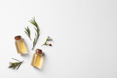 Flat lay composition with bottles of natural tea tree oil on white background