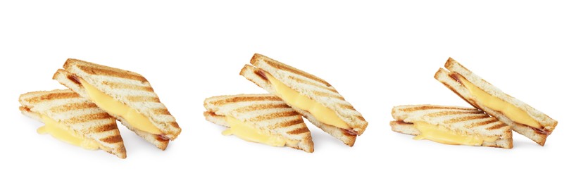 Image of Tasty grilled sandwich with ham and melted cheese isolated on white, different sides