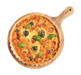 Delicious homemade vegetable quiche isolated on white, top view
