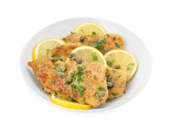 Photo of Delicious chicken piccata with herbs isolated on white