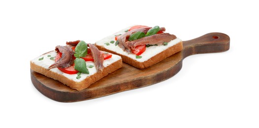 Photo of Delicious sandwiches with cream cheese, anchovies, tomatoes and basil on white background