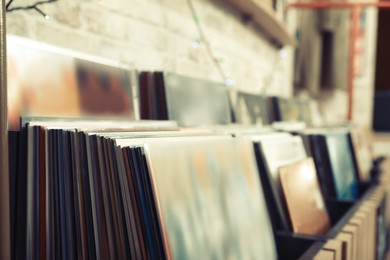 Image of Many different vinyl records in store, closeup