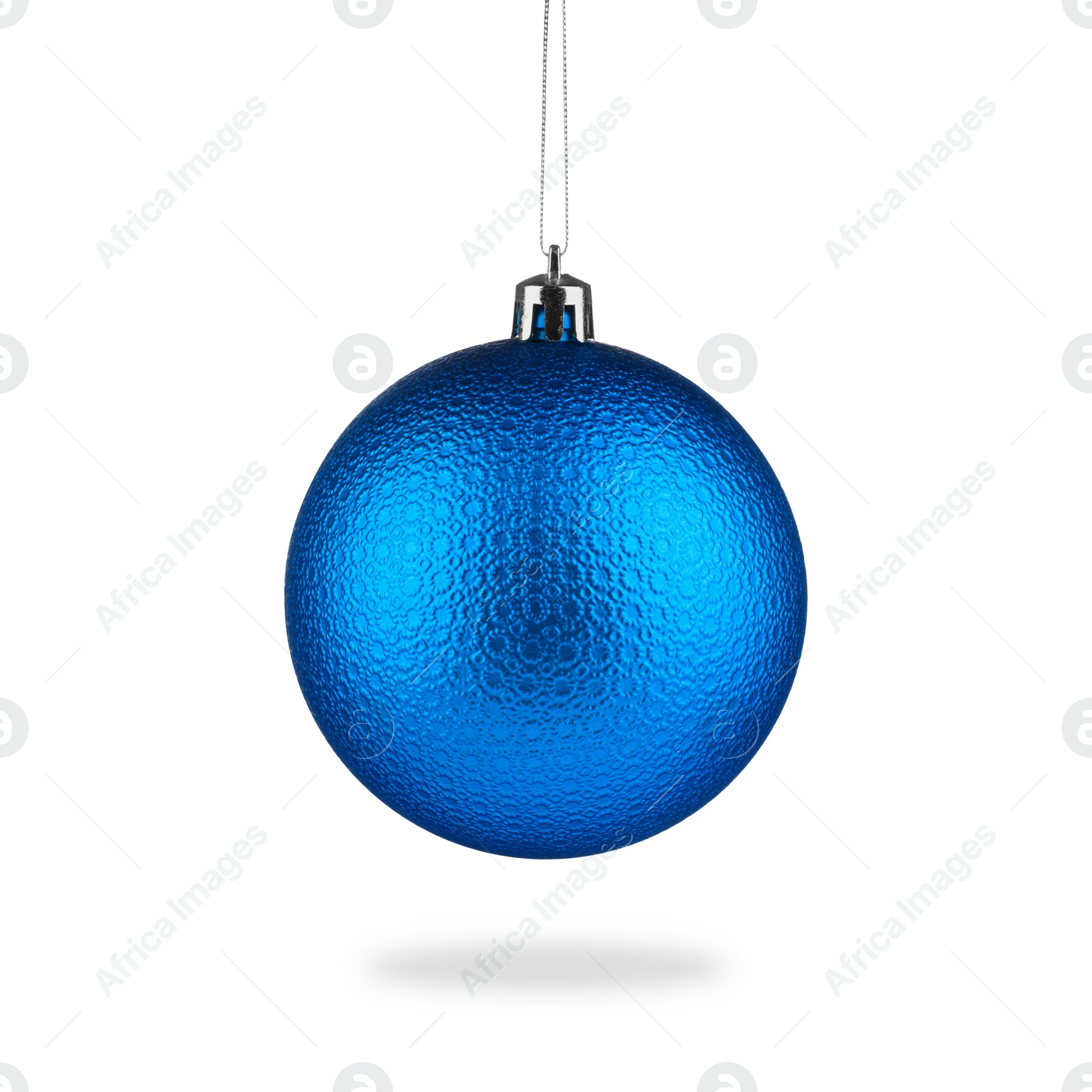 Image of Beautiful blue Christmas ball hanging on white background